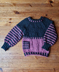 Handgestrickter Kinder Pullover Gr. 116 – Öko Islandwolle – Wollpulli nachhaltig – Unikat Strickpullover für Kinder gestreift mit tasche