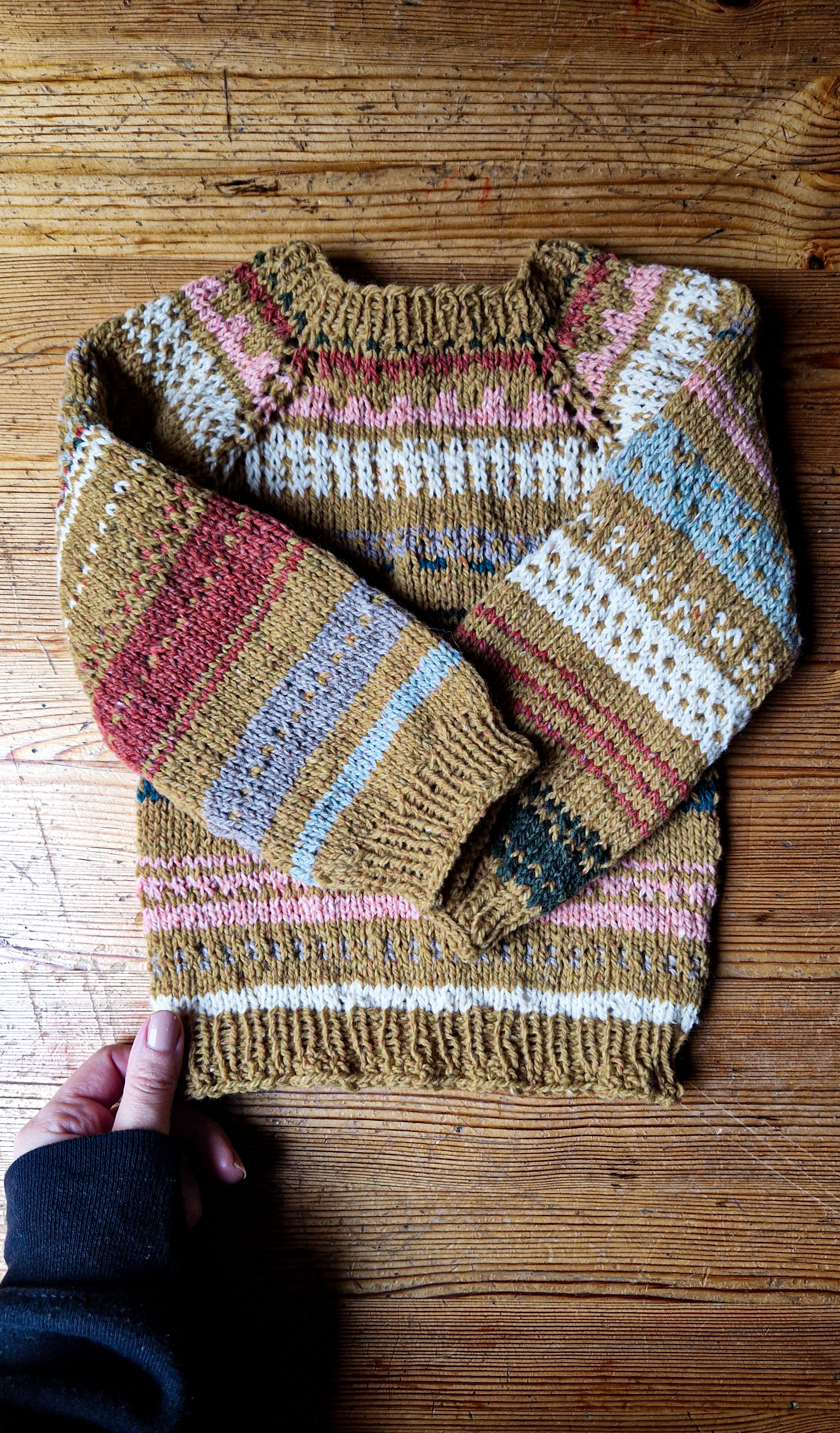 Handgestrickter Pullover Gr. 98 Bio-Schurwolle  90er Retro Fair Isle Look