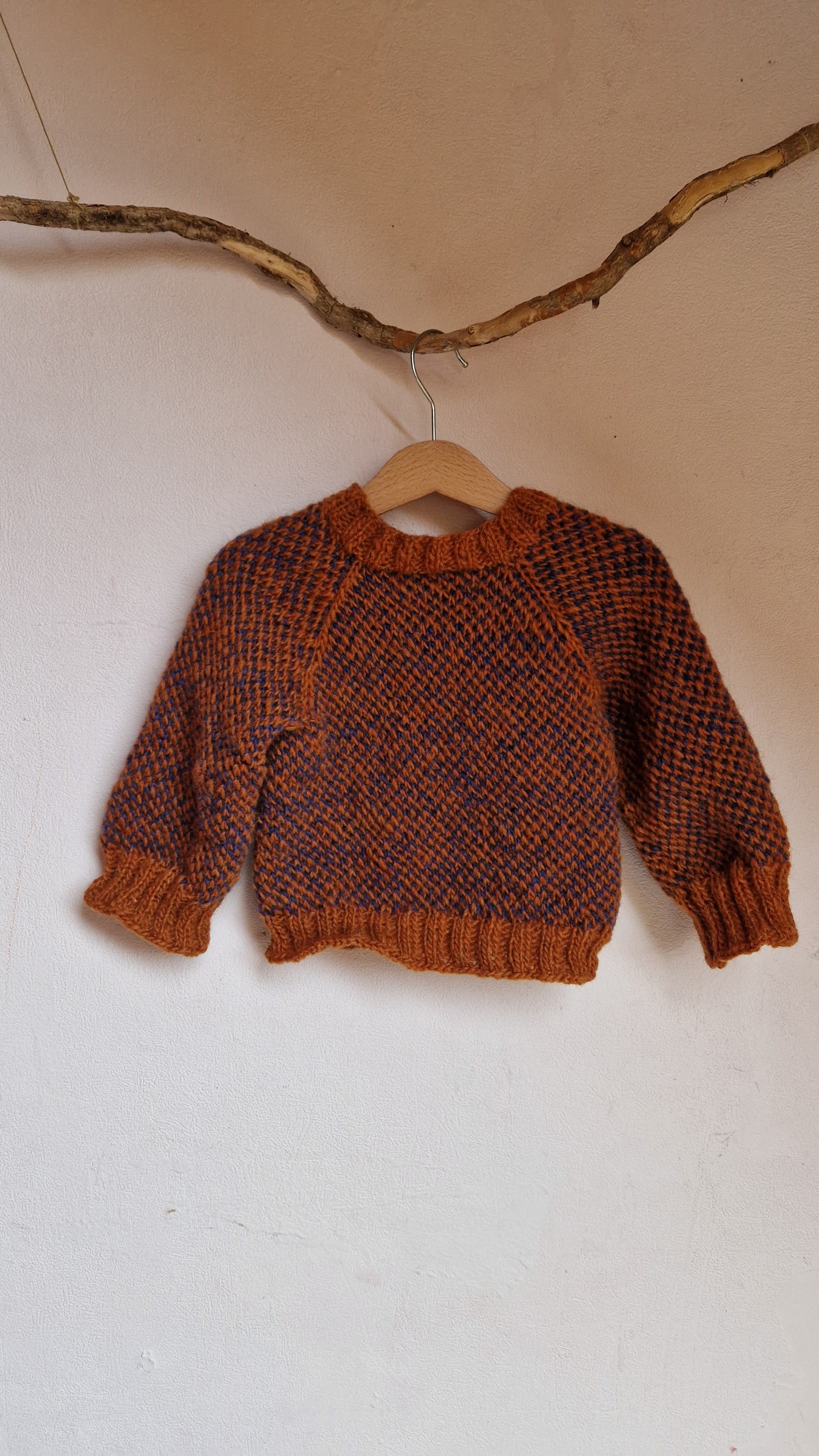Handgestrickter Islandpullover Gr. 98  Unisex  100% Wolle  Rost-Blau Melange