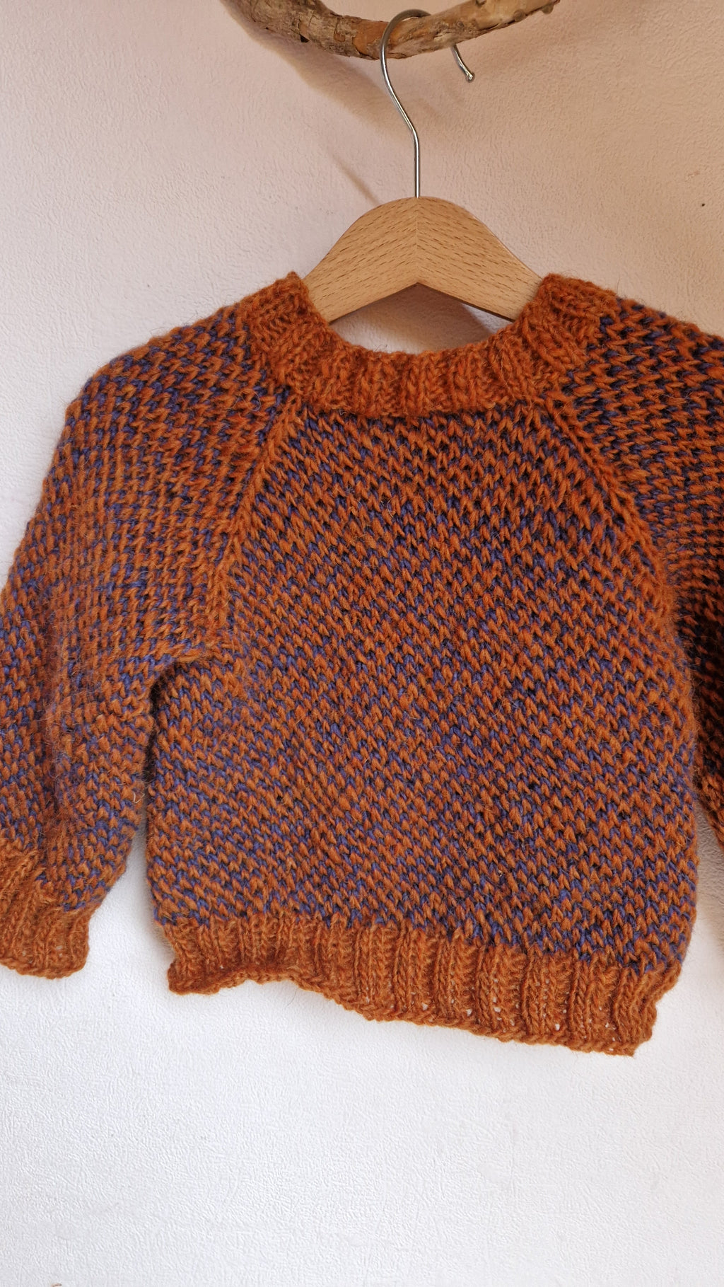 Handgestrickter Islandpullover Gr. 98  Unisex  100% Wolle  Rost-Blau Melange