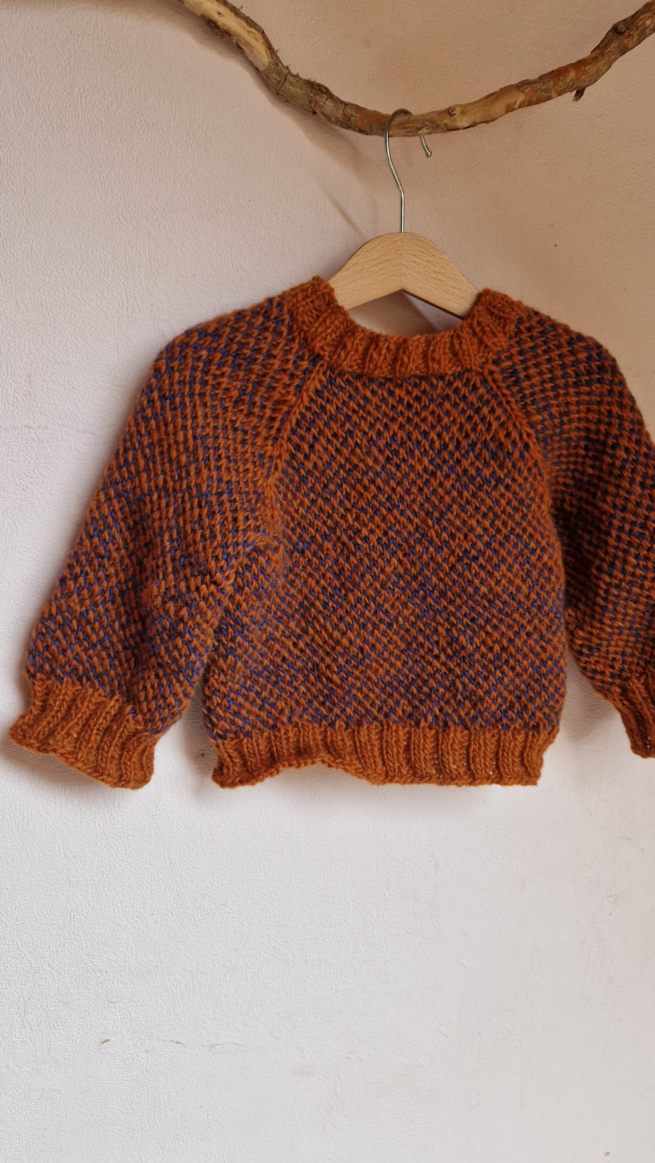 Handgestrickter Islandpullover Gr. 98  Unisex  100% Wolle  Rost-Blau Melange