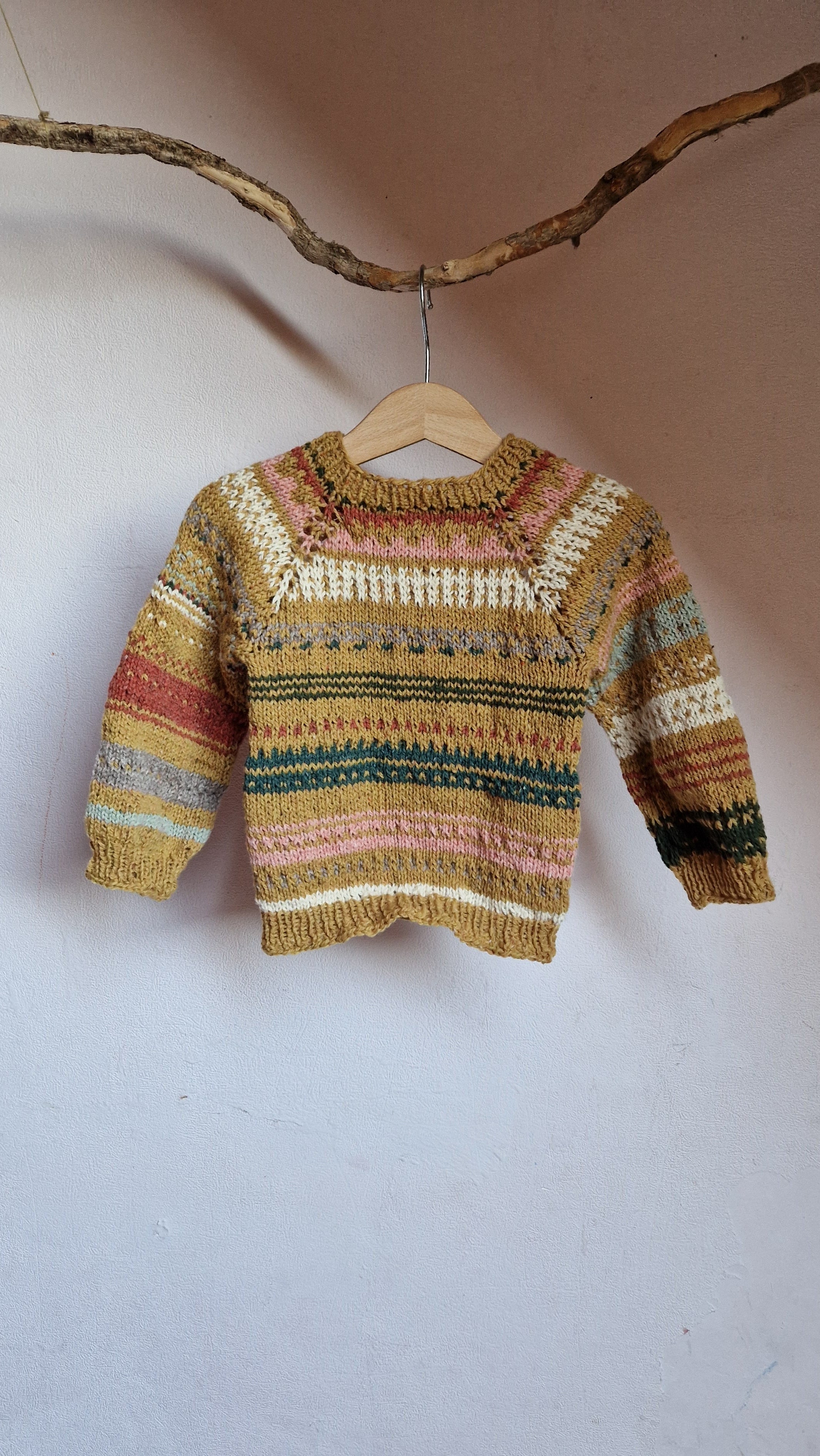 Handgestrickter Pullover Gr. 98 Bio-Schurwolle  90er Retro Fair Isle Look