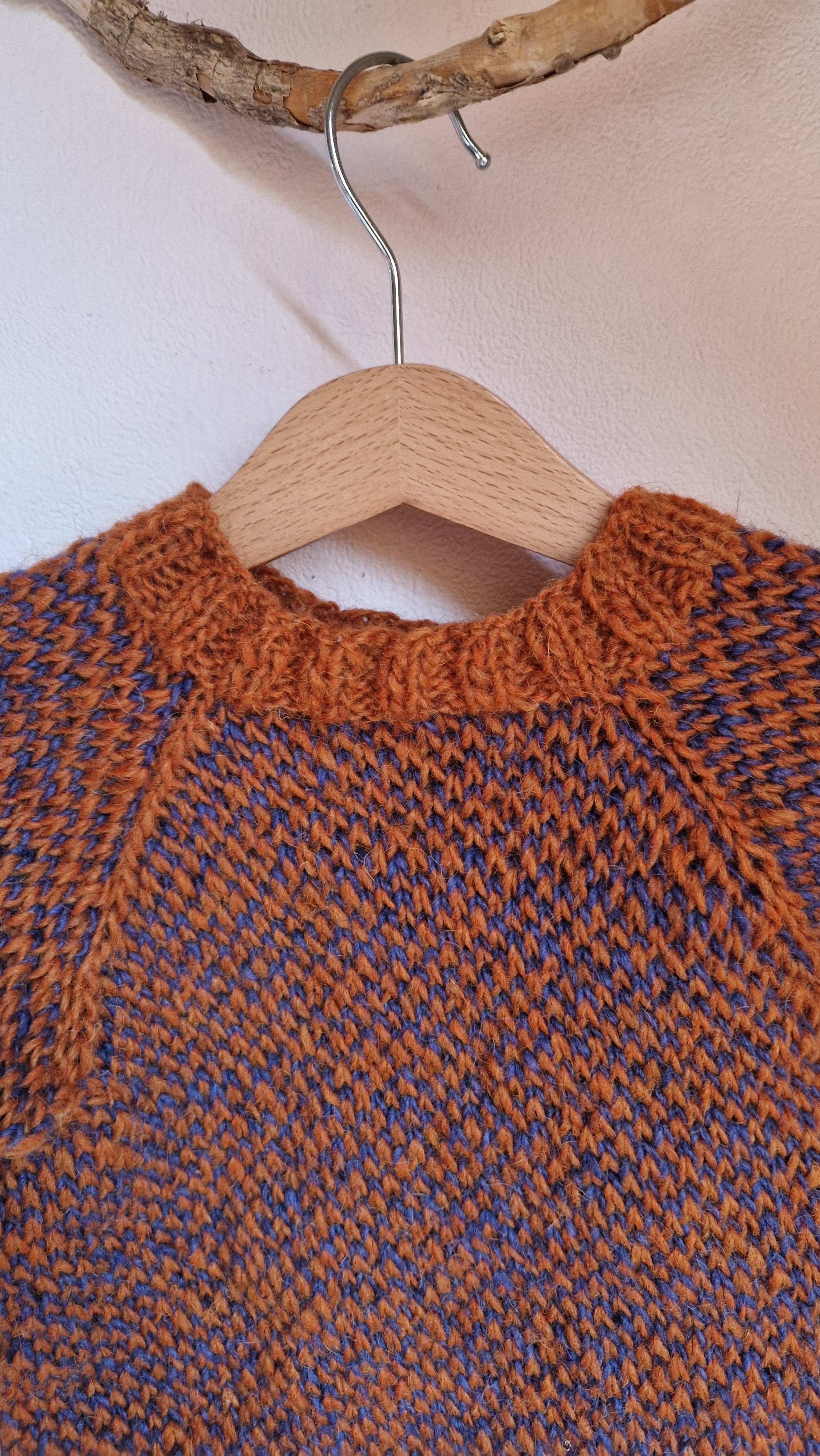 Handgestrickter Islandpullover Gr. 98  Unisex  100% Wolle  Rost-Blau Melange