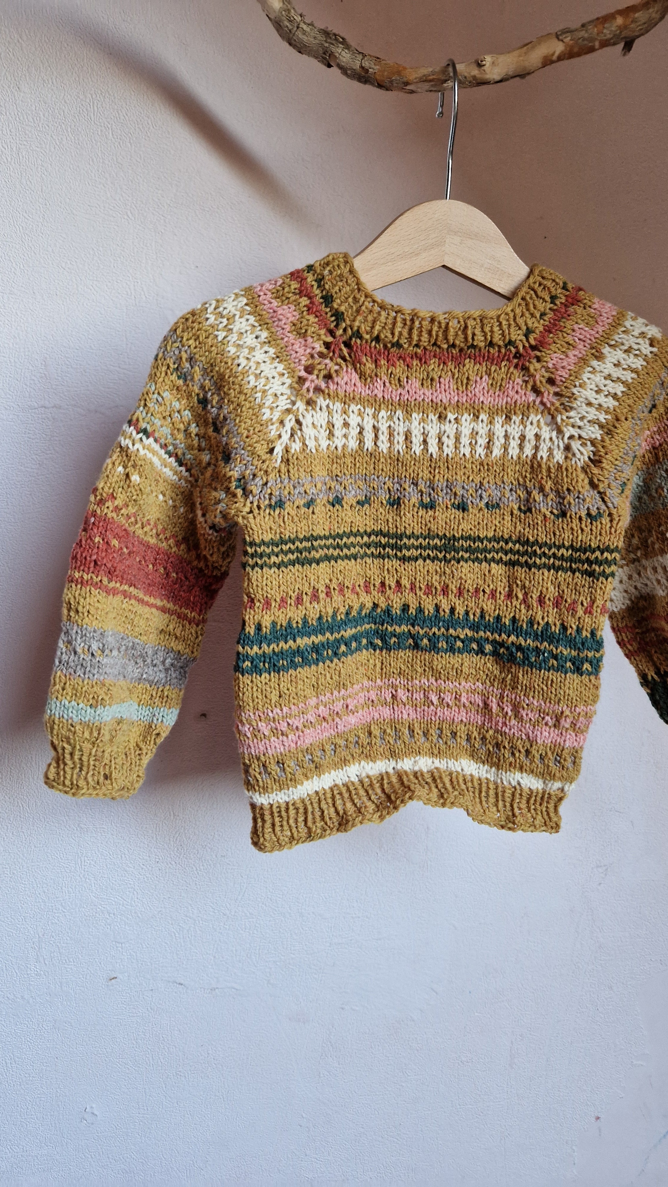 Handgestrickter Pullover Gr. 98 Bio-Schurwolle  90er Retro Fair Isle Look
