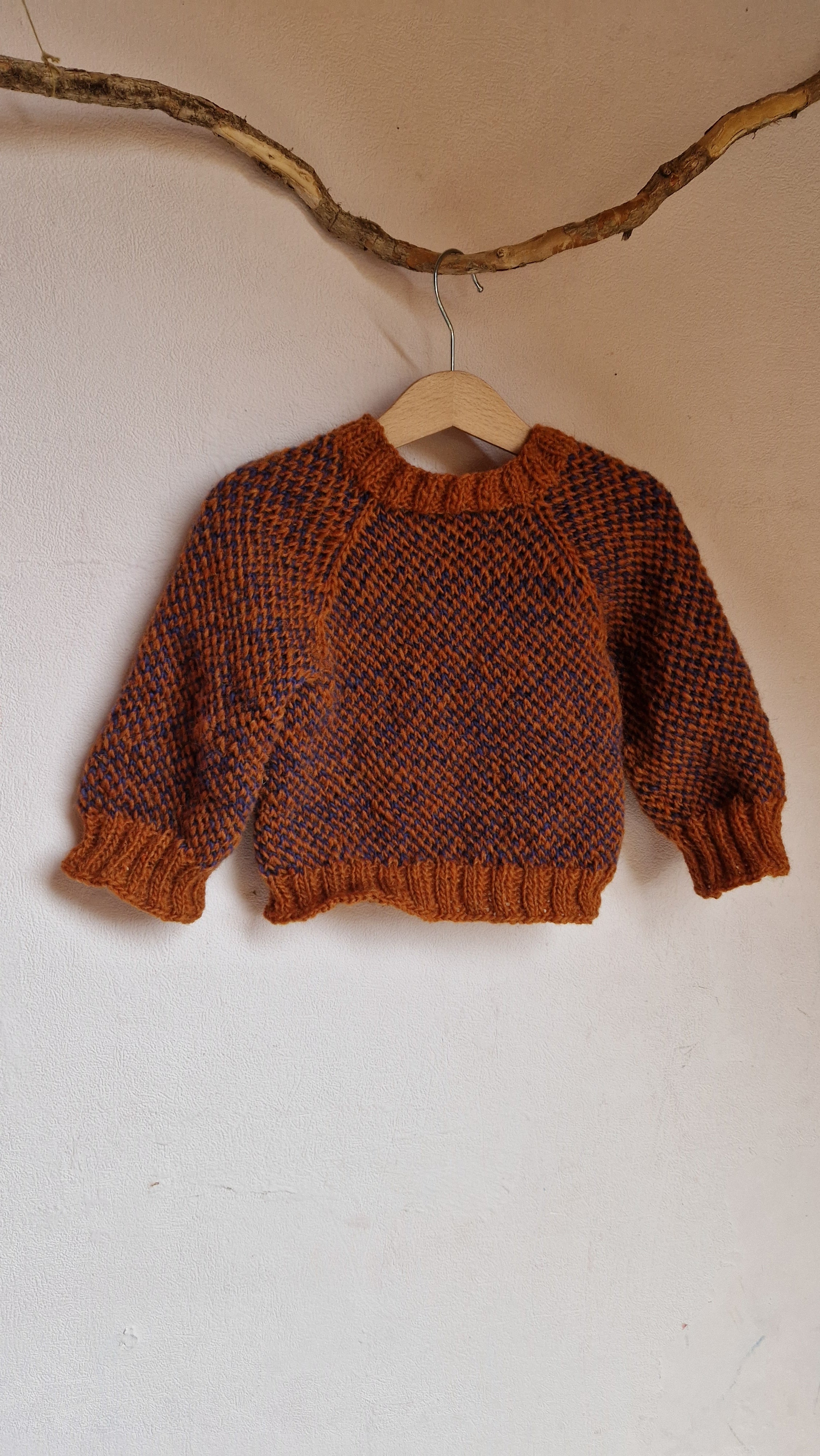 Handgestrickter Islandpullover Gr. 98  Unisex  100% Wolle  Rost-Blau Melange