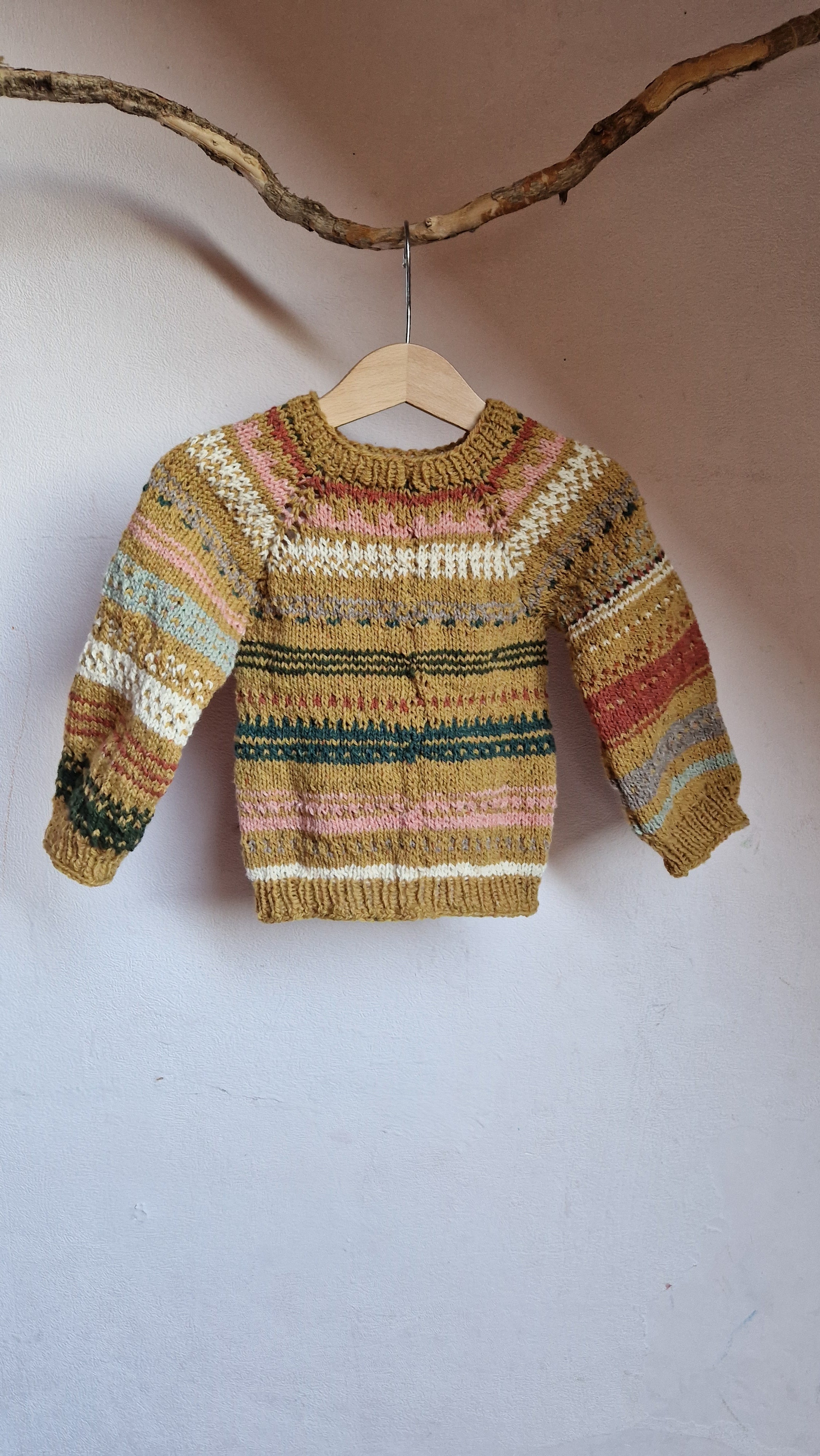 Handgestrickter Pullover Gr. 98 Bio-Schurwolle  90er Retro Fair Isle Look
