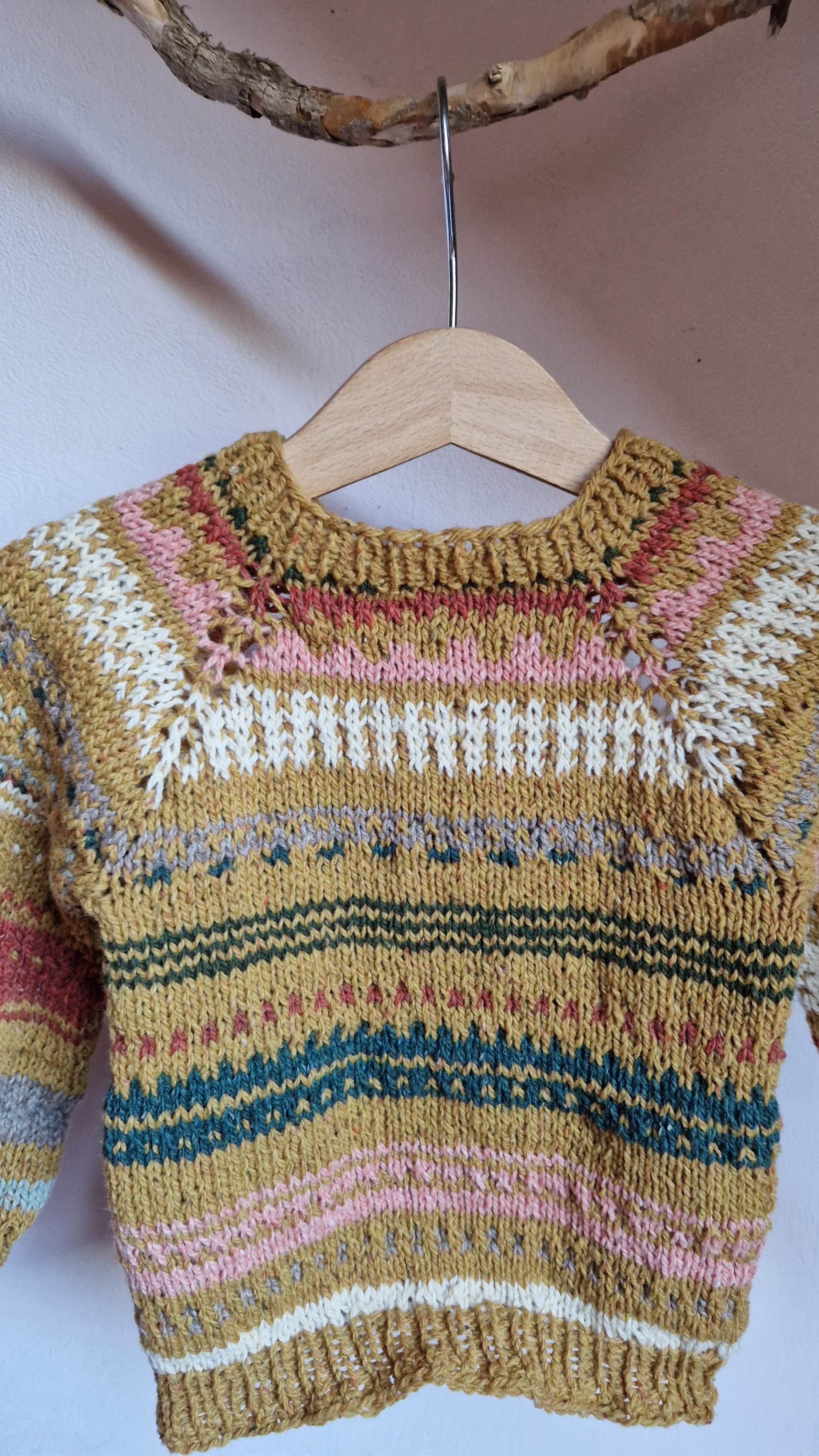 Handgestrickter Pullover Gr. 98 Bio-Schurwolle  90er Retro Fair Isle Look